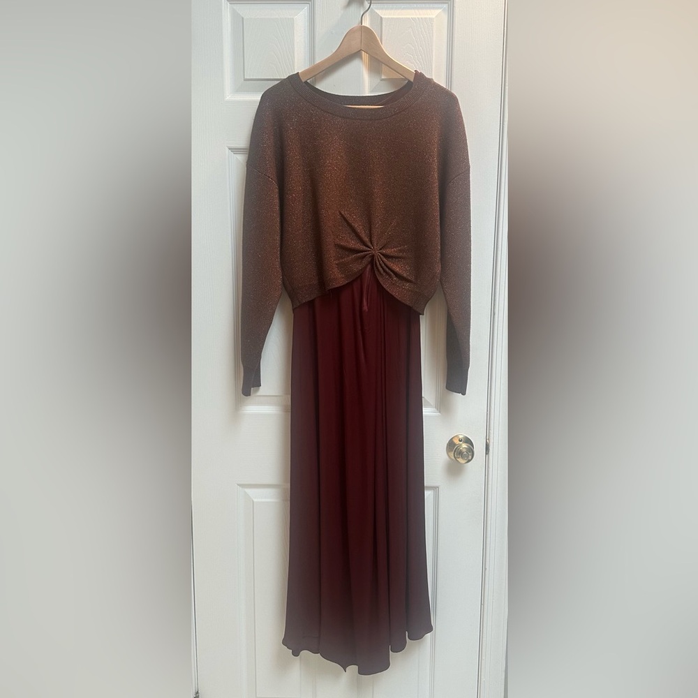 Anthropologie Two-Piece Maxi Dress in Brown Top and Burgundy Skirt
